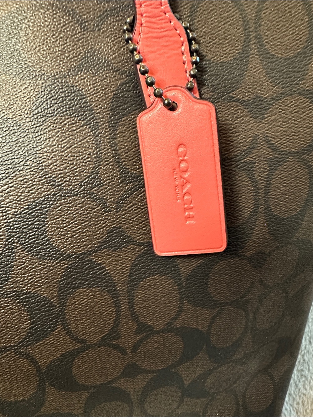 NWTS Coach Brown Signature Tote w/Pink/Coral Leather Handles 🩷🌸🤎 - Picture 4 of 14